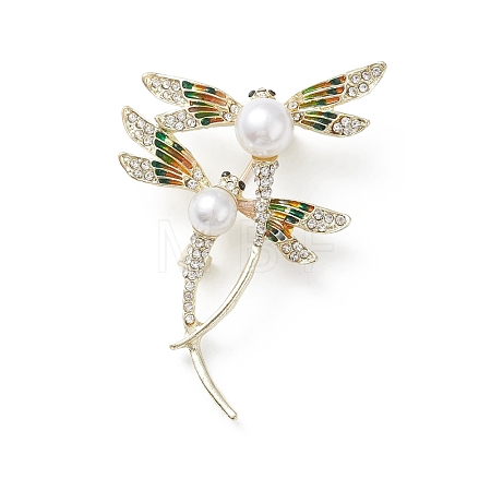 Rhinestone Dragonfly Brooch Pin with Plastic Pearl Beaded JEWB-M026-03G-1