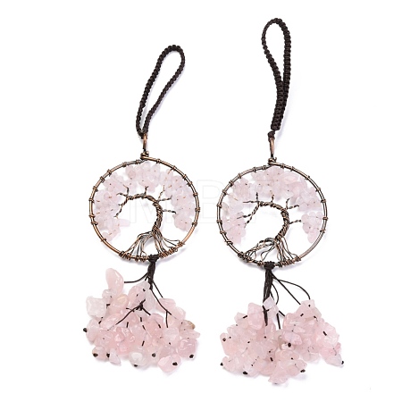 Wire Wrapped Chips Natural Rose Quartz Big Pendant Decorations HJEW-H057-02A-1