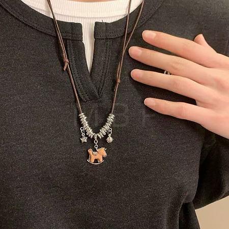 Alloy & Plastic Horse Pendant Adjustable Waxed Cord Long Necklaces for Women WG0CF74-01-1