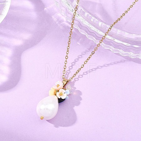 Electroplate Shell Pearl Flower Teardrop Pendant 304 Stainless Steel Cable Chain Necklaces for Women NJEW-JN06193-1