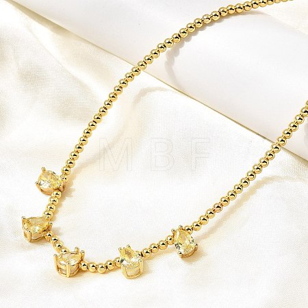 Brass Pave Cubic Zirconia Teardrop Pendant Round Beaded Necklaces NJEW-C121-01G-03-1