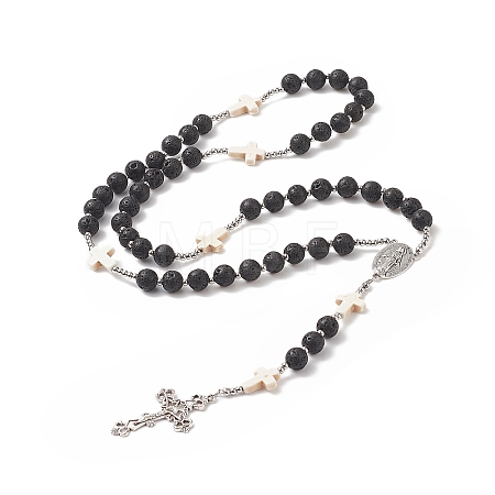 Natural Lava Rock & Synthetic Turquoise Cross Rosary Bead Necklace NJEW-JN04202-1
