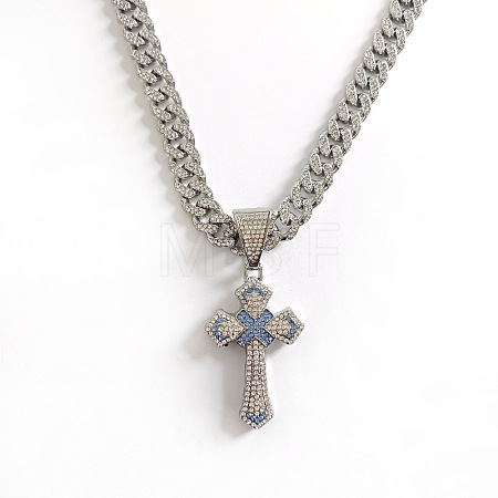 Hiphop Style Zinc Alloy Full Crystal & Aquamarine Rhinestone Religion Cross Pendant Cuban Link Chain Necklaces for Men WG1F4FB-01-1