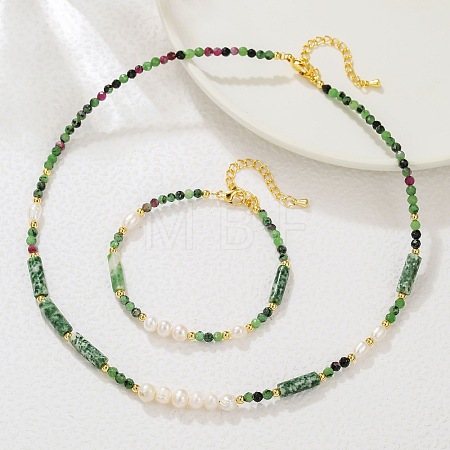 Faceted Round Natural Ruby in Zoisite & Column Green Spot Jasper & Freshwater Pearl Beaded Necklaces & Bracelets Sets for Women ZI1839-3-1