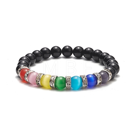 Natural Black Onyx & Cat Eye Beaded Stretch Bracelet BJEW-TA00222-1