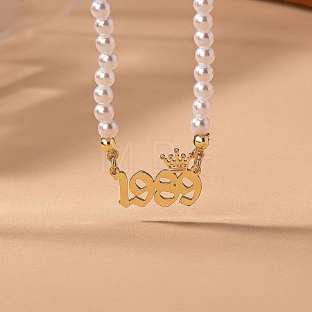 Alloy Crown Birth Year Pendant Imitation Pearl Round White Beaded Necklaces for Women FS-WG173C9-29-1