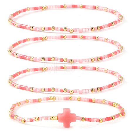 4Pcs Vintage Cylinder Seed Beads &  Brass Beaded Bracelet Sets VC6317-3-1