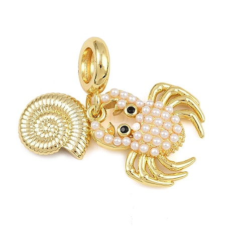 Brass Pave ABS Imitation Pearl Crab Shell Shape European Dangle Charms X-KK-I352-11G-1