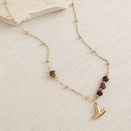 European Faceted Natural Tiger Eye 304 Stainless Steel Alphabet Pendant Necklaces QN9691-25-1