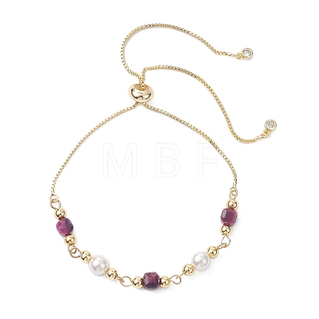 Dyed & Heated Natural Tiger Eye Cube & Shell Pearl Round Beads Link Bracelets BJEW-JB12907-02-1