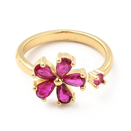 Cerise Cubic Zirconia Flower Open Cuff Ring KK-K270-06G-1