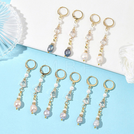 Teardrop Brass & Natural Cultured Freshwater Pearl Hoop Earrings EJEW-JE07012-1