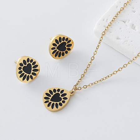 304 Stainless Steel Enamel Heart Flower Pendant Necklace & Stud Earrings Set for Women TJ2009-6-1