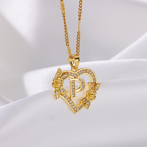 304 Stainless Steel Heart Pendant Necklaces with Cubic Zirconia NJEW-H029-01G-P-1