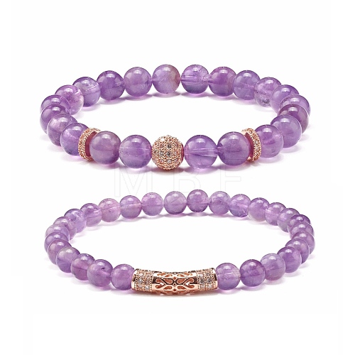 Natural Amethyst Round Beads Stretch Bracelets Set BJEW-JB06980-02-1