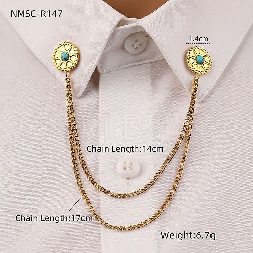 304 Stainless Steel Pave Dyed Synthetic Turquoise Hanging Chain Brooch JEWB-S021-04G-03-1