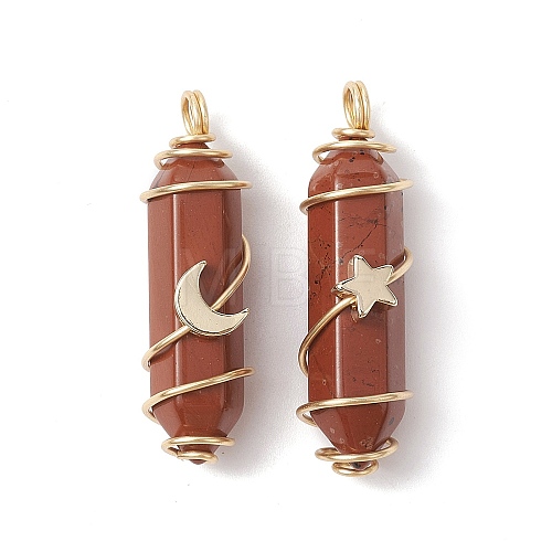 Natural Red Jasper Copper Wire Wrapped Pointed Pendants PALLOY-JF02535-04-1