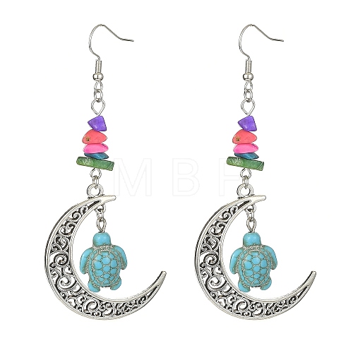 Dyed Synthetic Turquoise Crescent Moon with Tortoise Dangle Earring EJEW-JE05269-02-1
