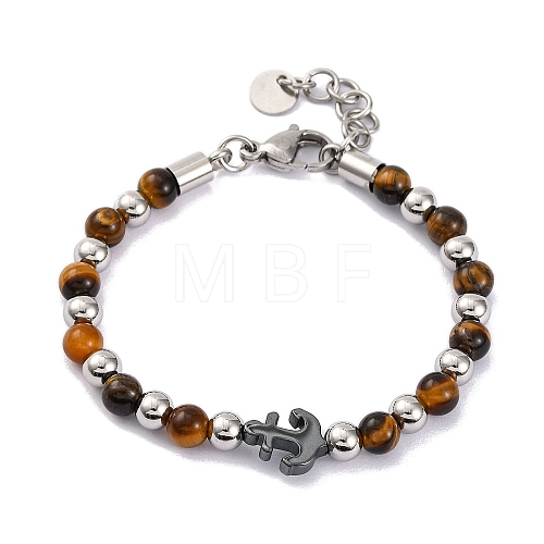 Natural Tiger Eye & Synthetic Magnetic Hematite Anchor Beaded Bracelet BJEW-P339-01P-04-1