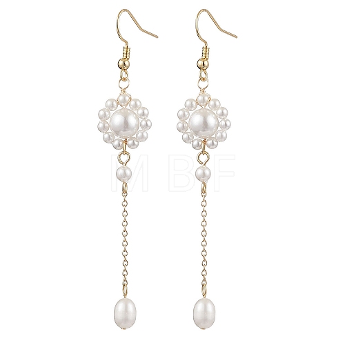 Shell Pearl with Brass Dangle Earrings for Women EJEW-TA00558-1