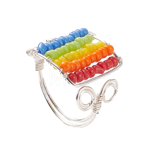 Glass Bead Braided Rectangle Open Cuff Ring RJEW-JR00489-1