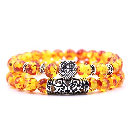 Natural Others Stretch Bracelets Set with Alloy Owl Beaded ANIM-PW0003-027I-1