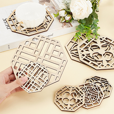 SUPERFINDINGS 8Pcs 4 Style Octagon Wooden Carved Cup Mats WOOD-FH0001-97-1