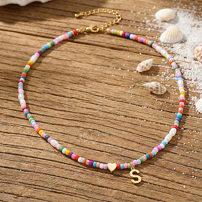 Colorful Beaded Heart Letter Necklace with Pearl Elements Stainless Steel Pendant Jewelry TR2146-19-1