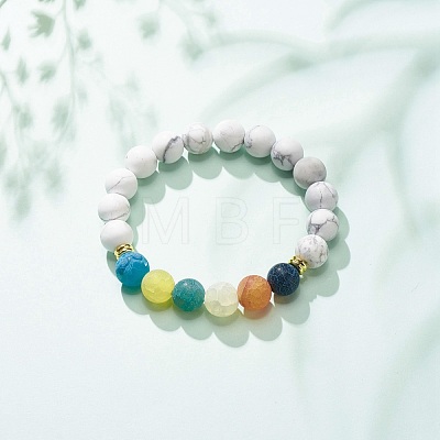 Synthetic Howlite & Weathered Agate(Dyed) Round Beaded Stretch Bracelet BJEW-JB08399-01-1