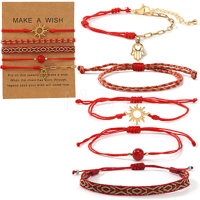 5Pcs 5 Styles Braided Nylon Thread Bracelet & 304 Stainless Steel Link & Charm Bracelets & Glass & Seed Bead Braided Bead Bracelet Set for Women KZ3324-6-1
