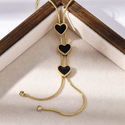 Triple Heart 304 Stainless Steel & Black Plastic Y Necklaces for Women NJEW-U032-13G-02-1