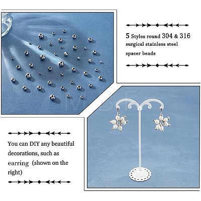 1050Pcs 5 Styles Round 304 & 316 Surgical Stainless Steel Spacer Beads STAS-NB0001-52-1