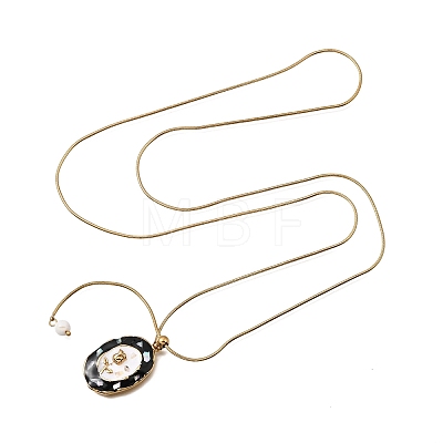 304 Stainless Steel Enamel Rose Flower Black Oval Pendant Round Snake Chain Lariat Necklaces for Women NJEW-A073-01G-1
