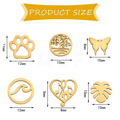 6 Pairs 6 Style Butterfly & Leaf & Tree of Life & Cat Claw Print & Music Note & Wave 316 Surgical Stainless Steel Stud Earrings for Women JE932A-1