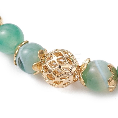 Natural Green Banded Agate(Dyed & Heated) & Brass Round Beaded Stretch Bracelets for Women BJEW-JB12265-02-1