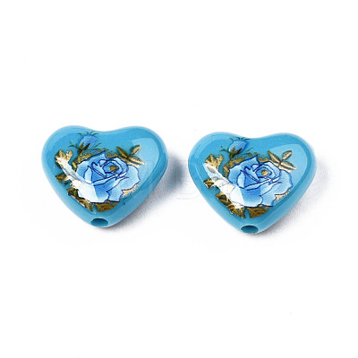 Flower Printed Opaque Acrylic Heart Beads SACR-S305-28-O02-1