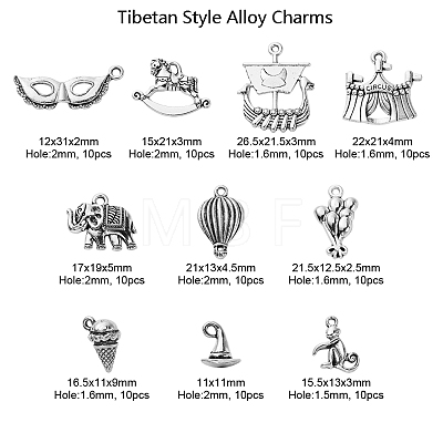 100Pcs 10 Style Tibetan Style Alloy Pendants TIBEP-CJ0001-83-1