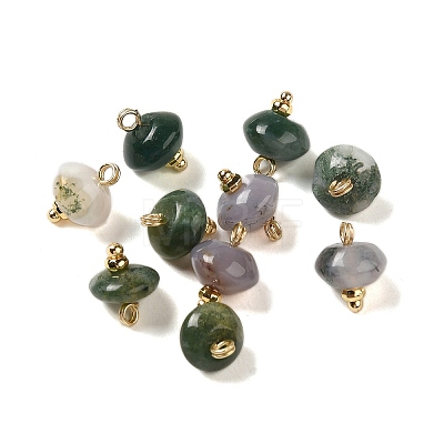 Natural Moss Agate Rondelle Charms with Rack Plating Brass Loops G-G110-05B-07-1