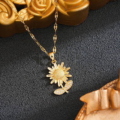 Brass Micro Pave Clear Cubic Zirconia Sunflower Pendant 201 Stainless Steel Dapped Chain Necklaces for Women WG35C99-01-1