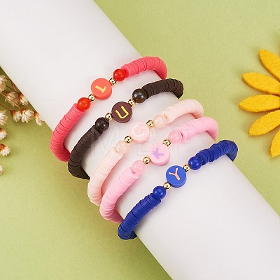 Handmade Polymer Clay Alphabet & Heishi Beads Stackable Stretch Bracelets Set BJEW-SZ0002-10-1