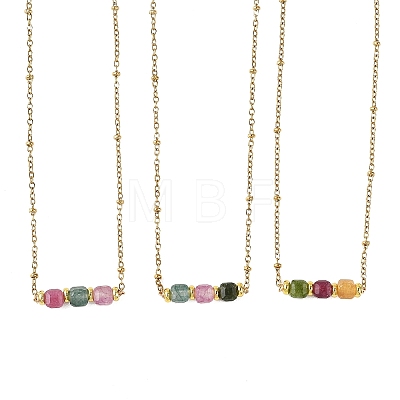 Natural Multicolor Tourmaline Faceted Cube Beads Pendant 304 Stainless Steel Satellite Chain Necklacs for Women NJEW-JN06541-01-1