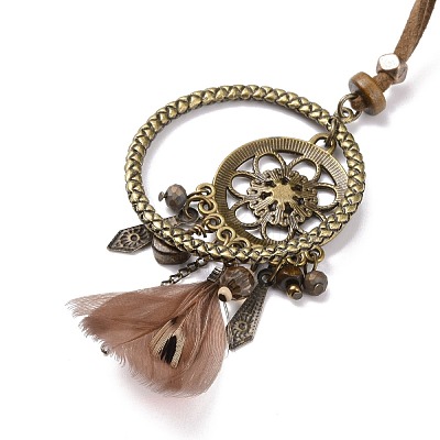 Alloy Woven Net with Feather Pendant Necklace with Wood Beads NJEW-P261-03AB-1