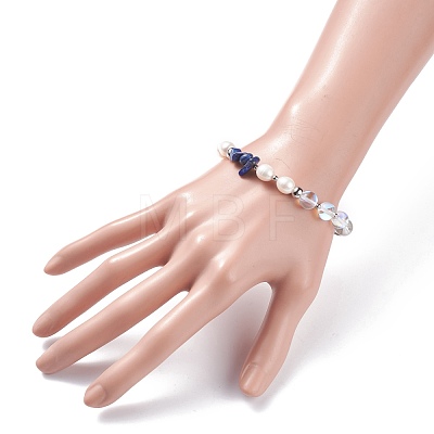 Natural Lapis Lazuli(Dyed) & Synthetic Moonstone & Pearl Beaded Bracelet BJEW-TA00058-1
