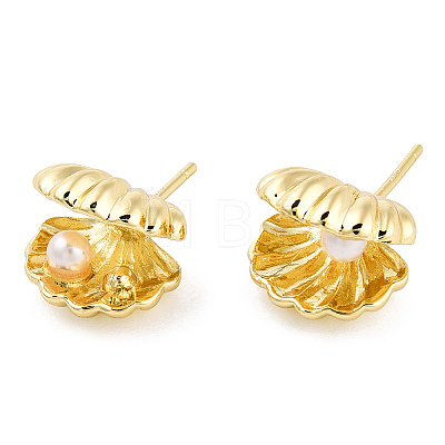 Natural Pearl Shell/Scallop Shape Stud Earrings with 925 Sterling Silver Pins EJEW-T019-07G-1