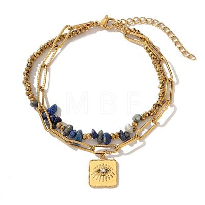Bohemian 304 Stainless Steel Chain & Natural Lapis Lazuli Beads Double Layers Bracelets BJEW-C150-01C-G-1