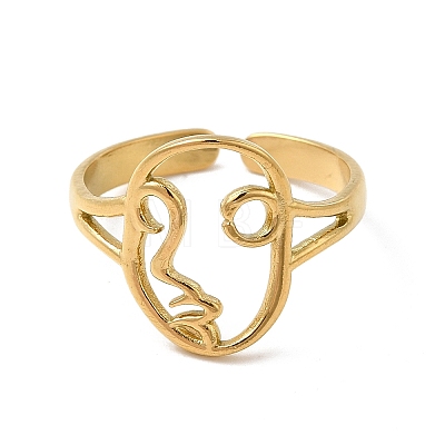 Ion Plating(IP) 304 Stainless Steel Abstract Face Open Cuff Ring for Women RJEW-E066-06G-1