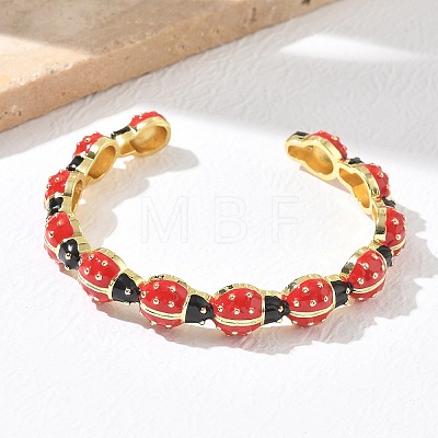 Ladybug Brass Enamel Cuff Bangles for Women BJEW-A171-01G-1