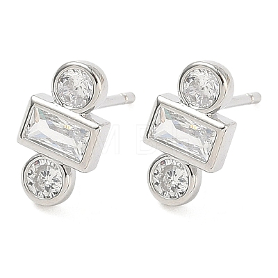 Rectangle with Flat Round Brass Micro Pave Clear Cubic Zirconia Stud Earrings EJEW-G452-12P-1