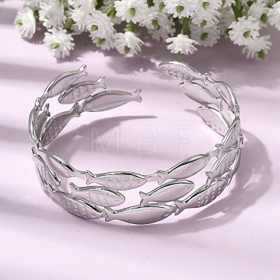 Fish 304 Stainless Steel Cuff Bangles for Women BJEW-A155-02P-1