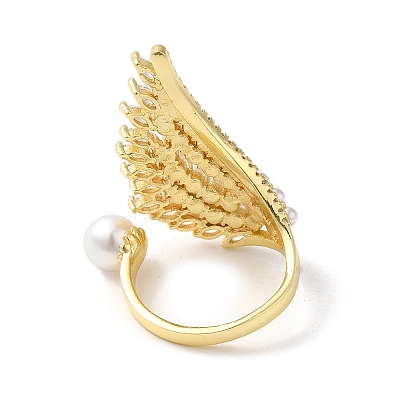 Cubic Zirconia Wing with Plastic Imitation Pearl Open Cuff Rings RJEW-Q783-01G-1